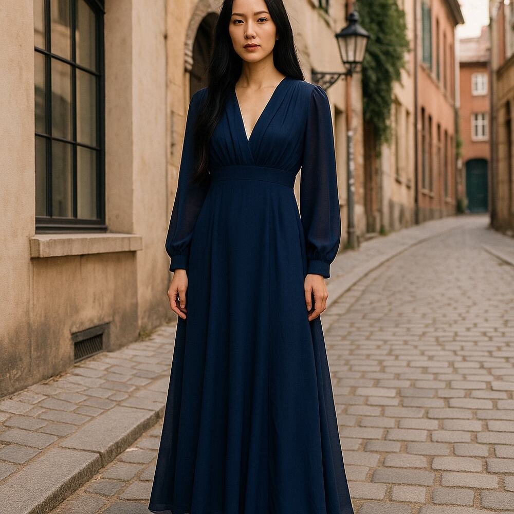 Lulu’s Navy Dramatic Plunging Front & Back - Maxi Dress with Slit - Size Small